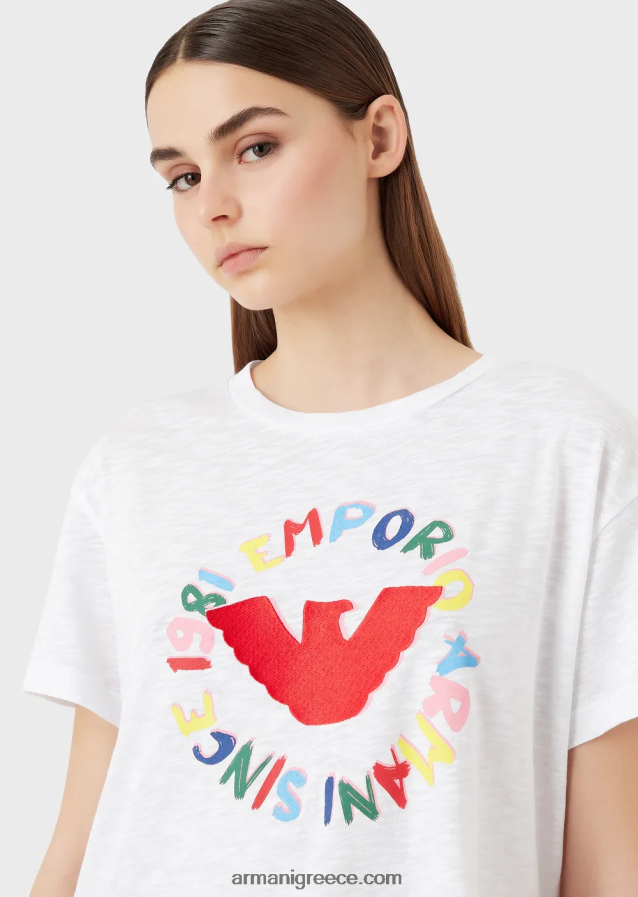 γυναίκες Armani μπλουζάκι slub-jersey με στάμπα αετού και κέντημα 4046R6442 άσπρο