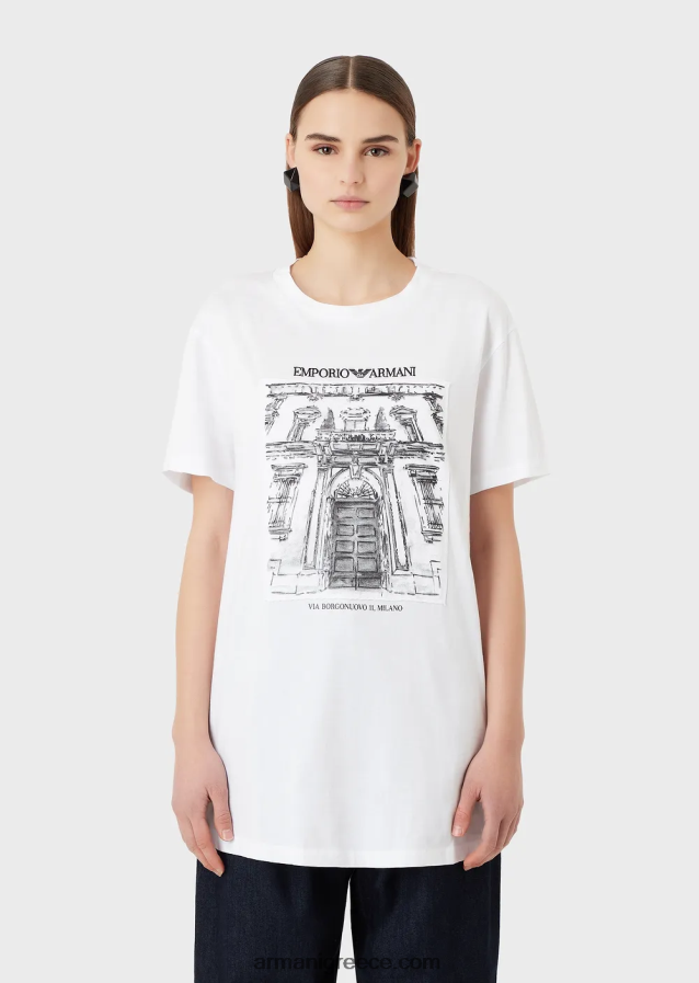 γυναίκες Armani οργανικό μπλουζάκι μεγάλου μεγέθους με στάμπα via borgonuovo 4046R6456 άσπρο