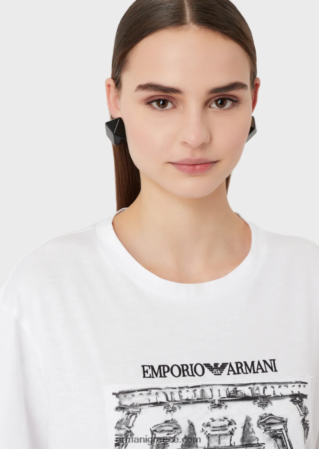 γυναίκες Armani οργανικό μπλουζάκι μεγάλου μεγέθους με στάμπα via borgonuovo 4046R6456 άσπρο