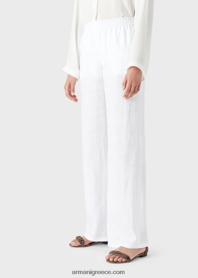 γυναίκες Armani παντελόνι από καθαρό λινό με ελαστική μέση 4046R6260 άσπρο