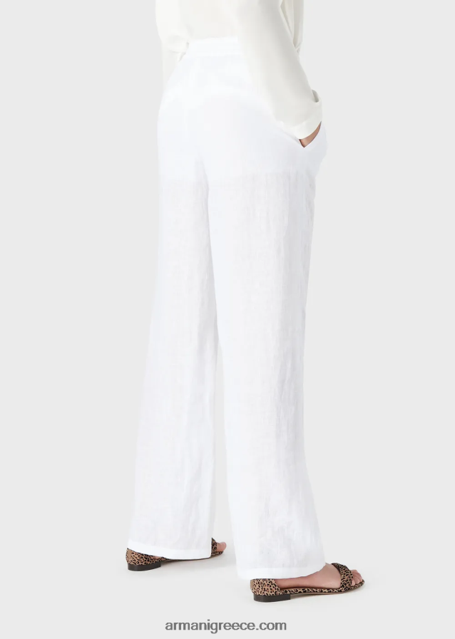 γυναίκες Armani παντελόνι από καθαρό λινό με ελαστική μέση 4046R6260 άσπρο