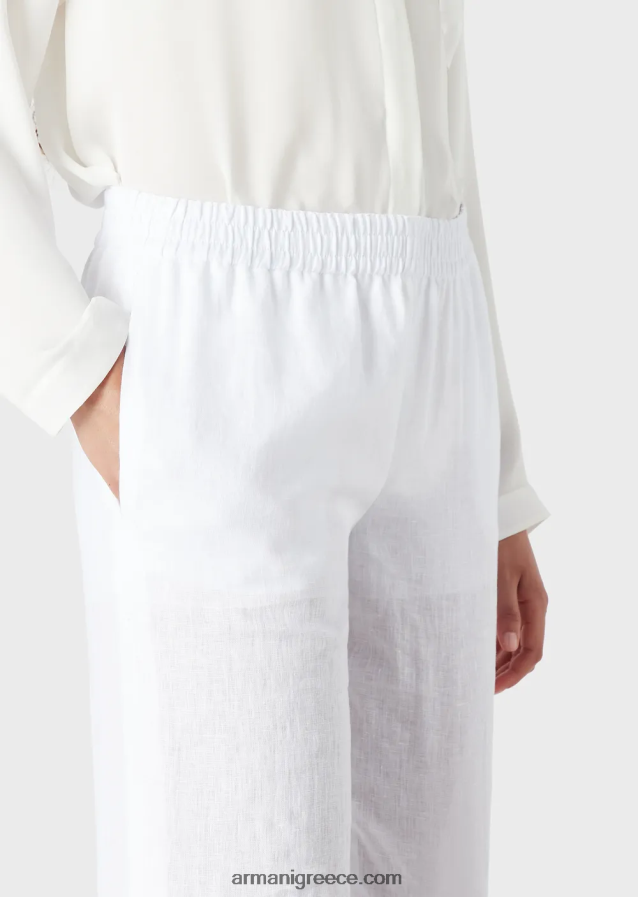 γυναίκες Armani παντελόνι από καθαρό λινό με ελαστική μέση 4046R6260 άσπρο