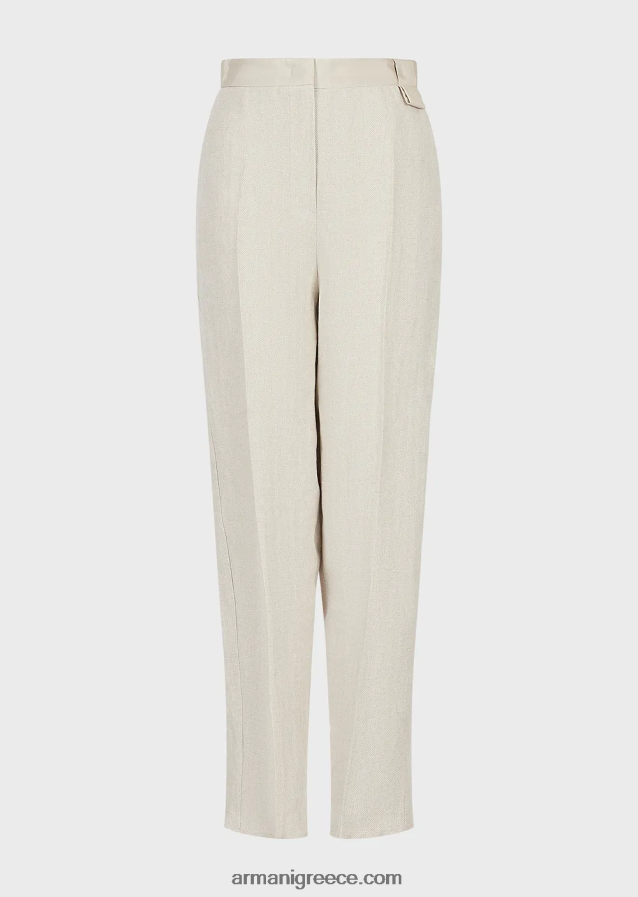 γυναίκες Armani ψηλόμεσο παντελόνι από λινό μικρο-σεβρόν 4046R6264 μπεζ