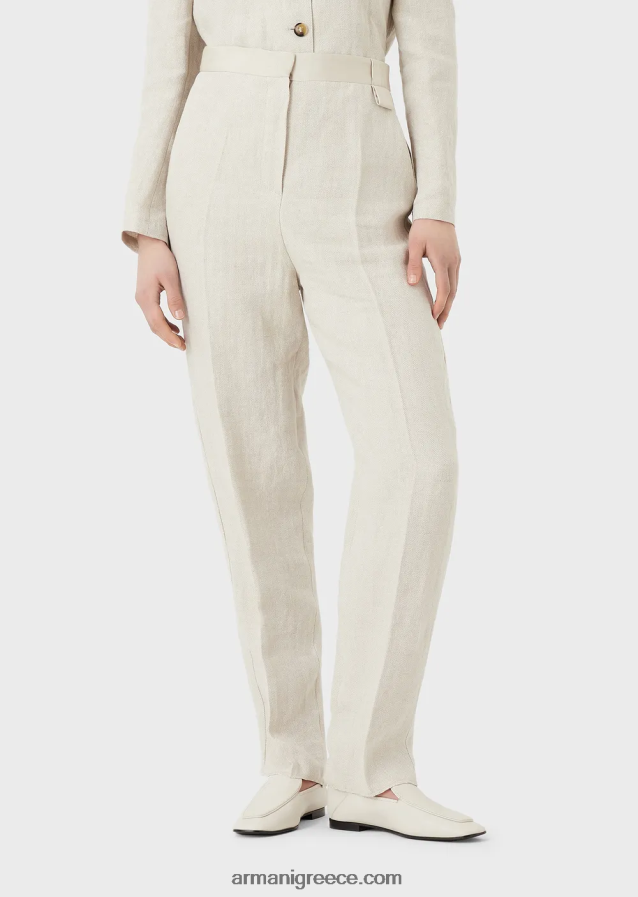 γυναίκες Armani ψηλόμεσο παντελόνι από λινό μικρο-σεβρόν 4046R6264 μπεζ