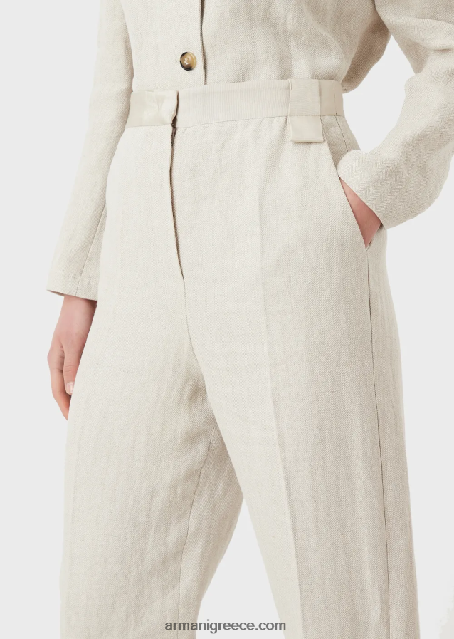γυναίκες Armani ψηλόμεσο παντελόνι από λινό μικρο-σεβρόν 4046R6264 μπεζ