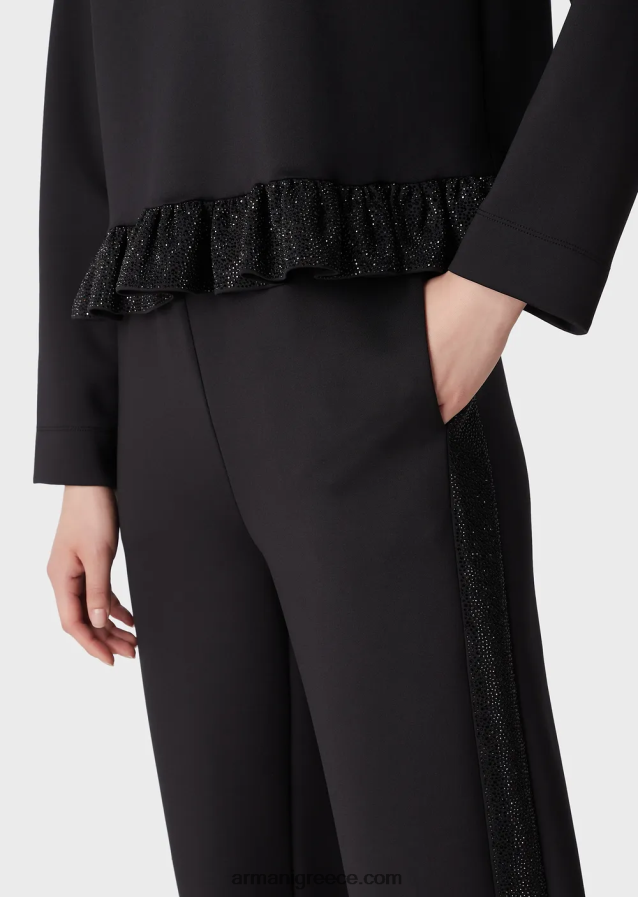 γυναίκες Armani παντελόνι από ύφασμα κατάδυσης με κορδέλα από στρας 4046R6288 μαύρος