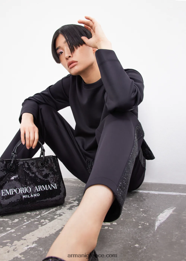 γυναίκες Armani παντελόνι από ύφασμα κατάδυσης με κορδέλα από στρας 4046R6288 μαύρος