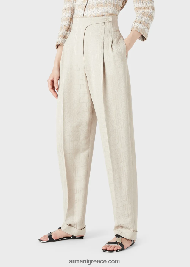 γυναίκες Armani ψηλόμεσο παντελόνι με στροφές σε βισκόζη μαύρης με γυαλιστερό γεωμετρικό σχέδιο 4046R6299 μπεζ