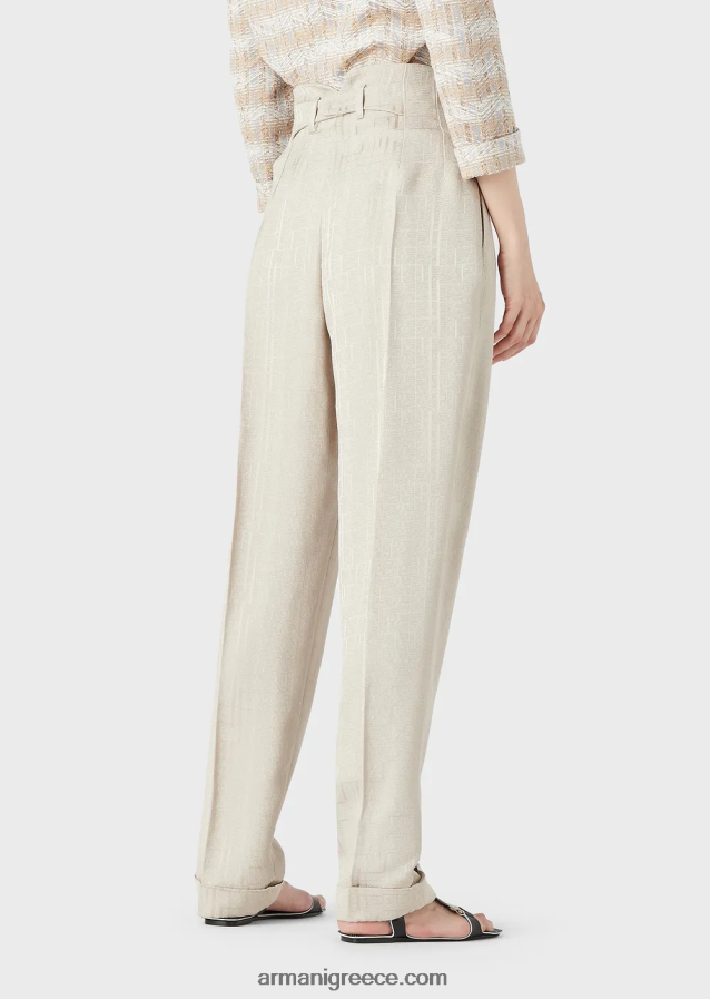 γυναίκες Armani ψηλόμεσο παντελόνι με στροφές σε βισκόζη μαύρης με γυαλιστερό γεωμετρικό σχέδιο 4046R6299 μπεζ