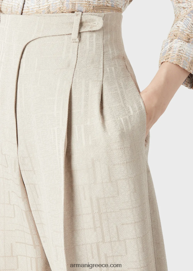 γυναίκες Armani ψηλόμεσο παντελόνι με στροφές σε βισκόζη μαύρης με γυαλιστερό γεωμετρικό σχέδιο 4046R6299 μπεζ