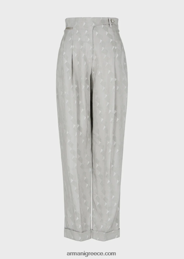 γυναίκες Armani ψηλό παντελόνι με στροφές σε ρευστό ζακάρ μείγμα από χαλκό και λινό με γεωμετρικό σχέδιο 4046R6300 γκρί