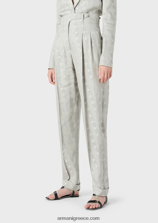 γυναίκες Armani ψηλό παντελόνι με στροφές σε ρευστό ζακάρ μείγμα από χαλκό και λινό με γεωμετρικό σχέδιο 4046R6300 γκρί