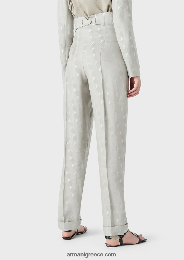 γυναίκες Armani ψηλό παντελόνι με στροφές σε ρευστό ζακάρ μείγμα από χαλκό και λινό με γεωμετρικό σχέδιο 4046R6300 γκρί