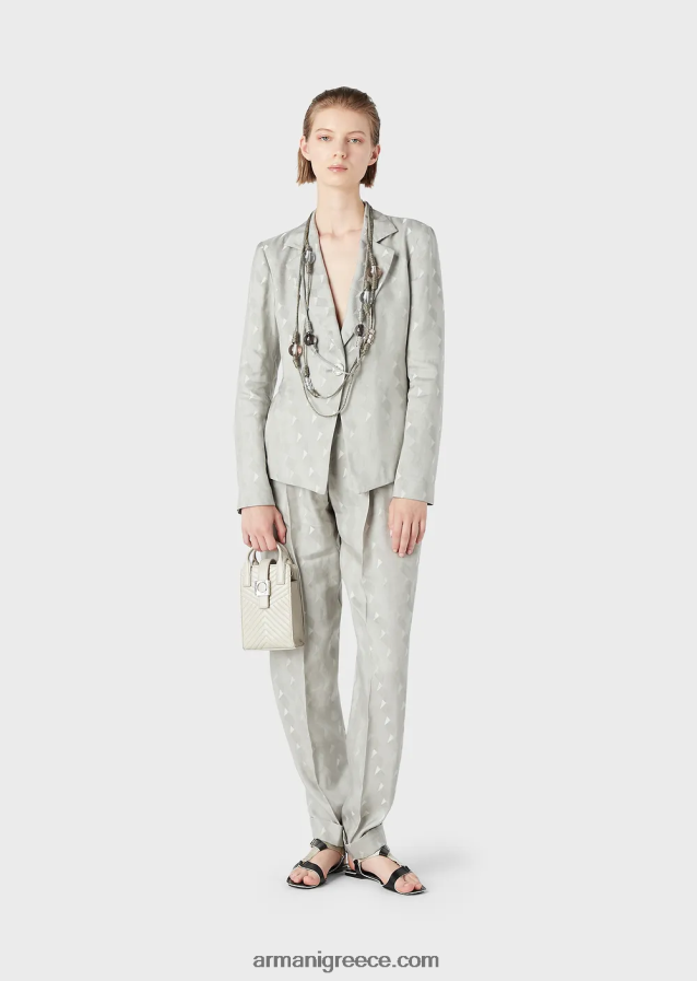 γυναίκες Armani ψηλό παντελόνι με στροφές σε ρευστό ζακάρ μείγμα από χαλκό και λινό με γεωμετρικό σχέδιο 4046R6300 γκρί