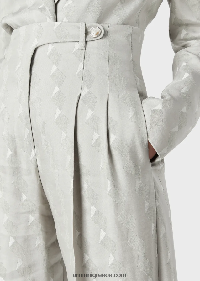 γυναίκες Armani ψηλό παντελόνι με στροφές σε ρευστό ζακάρ μείγμα από χαλκό και λινό με γεωμετρικό σχέδιο 4046R6300 γκρί