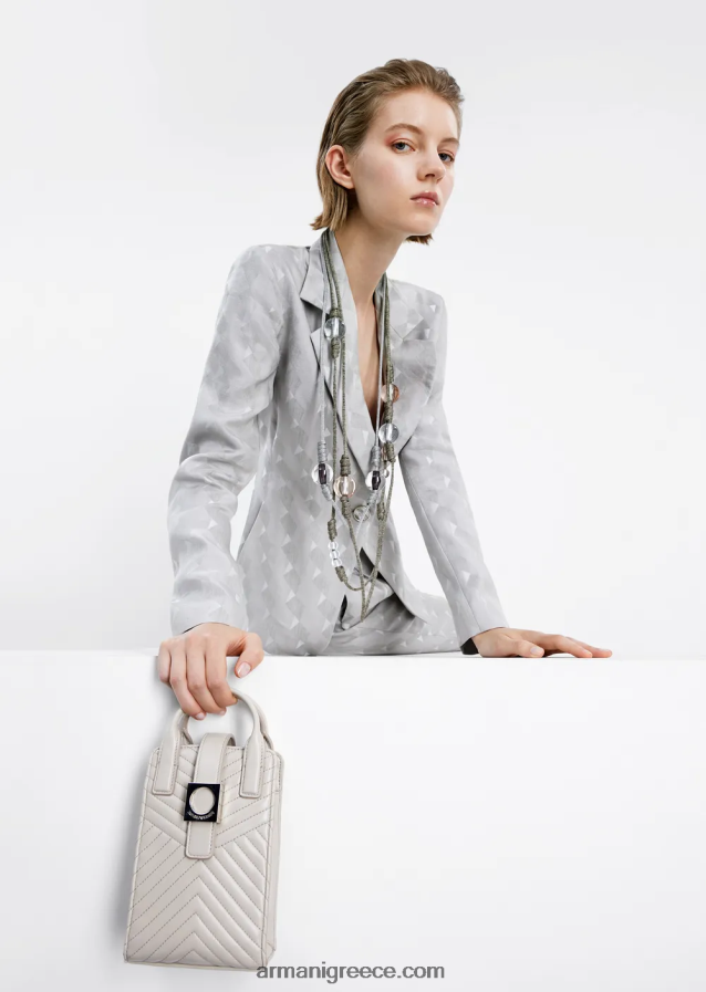 γυναίκες Armani ψηλό παντελόνι με στροφές σε ρευστό ζακάρ μείγμα από χαλκό και λινό με γεωμετρικό σχέδιο 4046R6300 γκρί