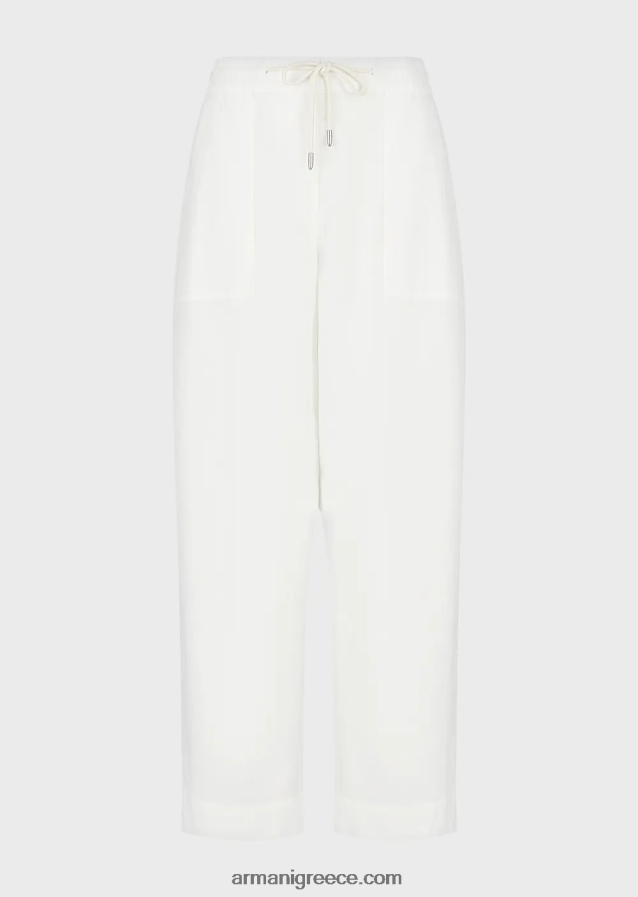 γυναίκες Armani βιώσιμη συλλογή Παντελόνι με κορδόνια περίσφιξης 7/8 από οργανική μουσελίνα βαμμένη με ρούχα 4046R6322 γαλακτώδες λευκό