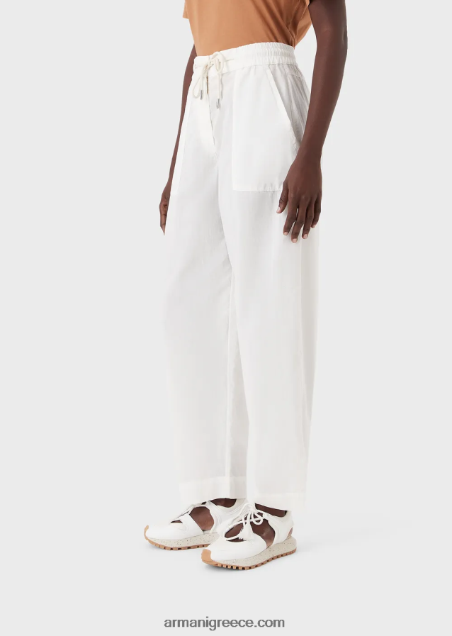 γυναίκες Armani βιώσιμη συλλογή Παντελόνι με κορδόνια περίσφιξης 7/8 από οργανική μουσελίνα βαμμένη με ρούχα 4046R6322 γαλακτώδες λευκό