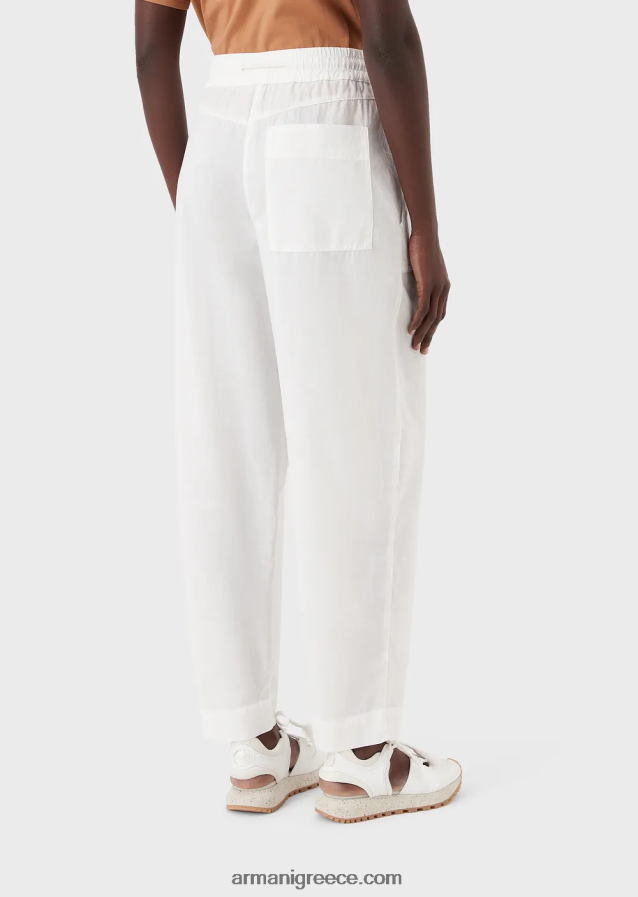 γυναίκες Armani βιώσιμη συλλογή Παντελόνι με κορδόνια περίσφιξης 7/8 από οργανική μουσελίνα βαμμένη με ρούχα 4046R6322 γαλακτώδες λευκό