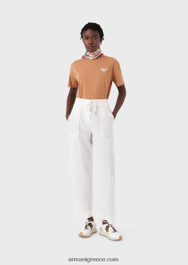 γυναίκες Armani βιώσιμη συλλογή Παντελόνι με κορδόνια περίσφιξης 7/8 από οργανική μουσελίνα βαμμένη με ρούχα 4046R6322 γαλακτώδες λευκό