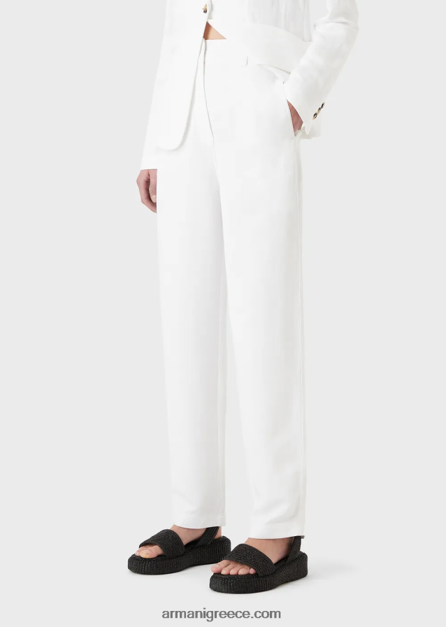 γυναίκες Armani ψηλόμεσο παντελόνι 7/8 σε συνδυασμό λινό με εφέ shantung 4046R6317 άσπρο