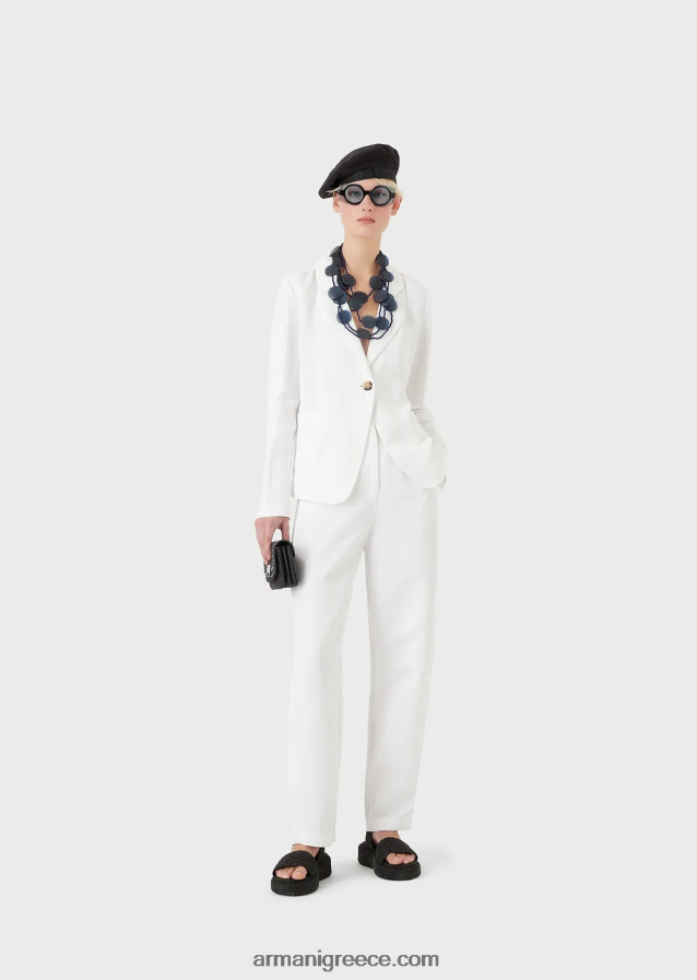 γυναίκες Armani ψηλόμεσο παντελόνι 7/8 σε συνδυασμό λινό με εφέ shantung 4046R6317 άσπρο