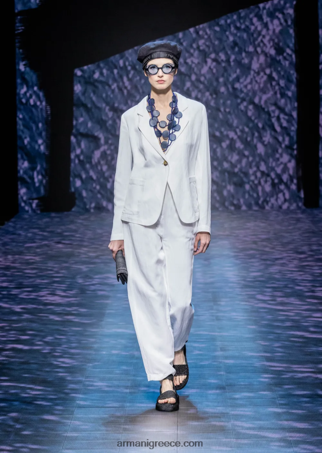 γυναίκες Armani ψηλόμεσο παντελόνι 7/8 σε συνδυασμό λινό με εφέ shantung 4046R6317 άσπρο