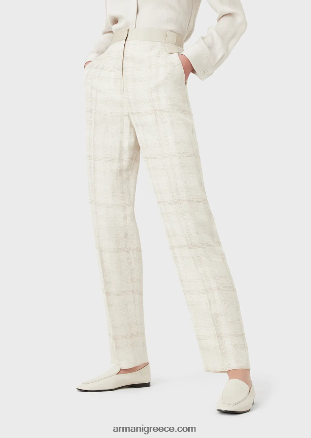 γυναίκες Armani ψηλόμεσο παντελόνι σε μείγμα από λινό Prince of Wales 4046R6263 μπεζ
