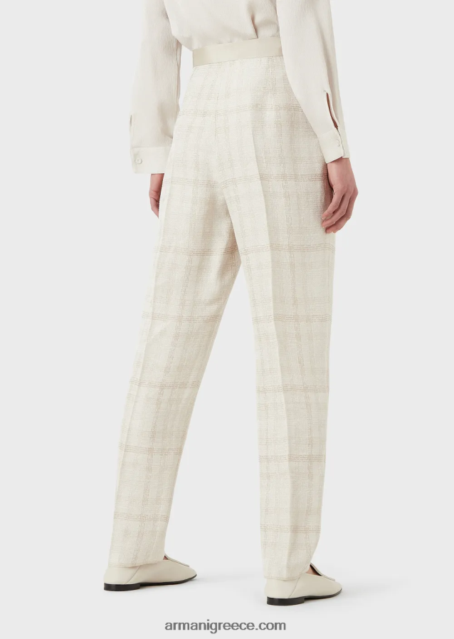 γυναίκες Armani ψηλόμεσο παντελόνι σε μείγμα από λινό Prince of Wales 4046R6263 μπεζ