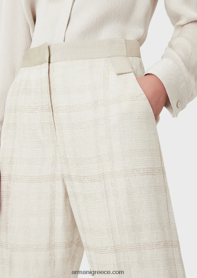 γυναίκες Armani ψηλόμεσο παντελόνι σε μείγμα από λινό Prince of Wales 4046R6263 μπεζ