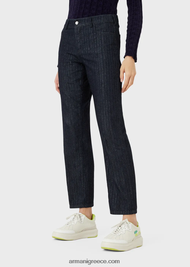 γυναίκες Armani j04 τζιν τζιν με ρίγες, μεσαία μέση, ίσιο πόδι, ξεπλυμένο τζιν με γκλίτερ 4046R6401 σκούρο μπλε