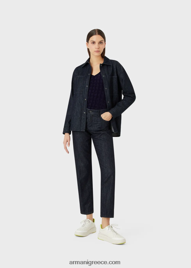 γυναίκες Armani j04 τζιν τζιν με ρίγες, μεσαία μέση, ίσιο πόδι, ξεπλυμένο τζιν με γκλίτερ 4046R6401 σκούρο μπλε