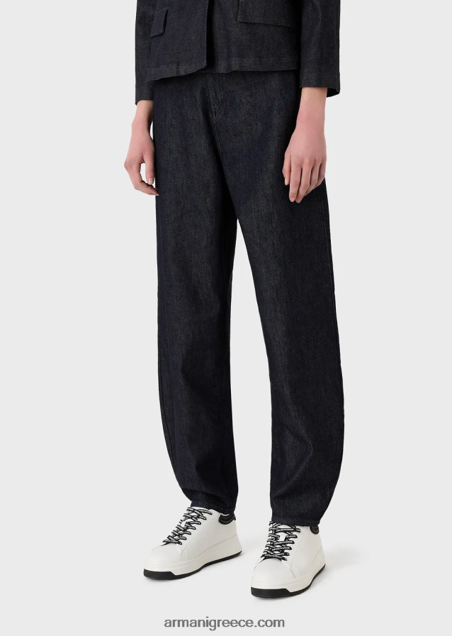 γυναίκες Armani j86 ψηλόμεσο, χαλαρό τζιν με τζιν με ξεπλυμένο μερσερίζ 4046R6400 σκούρο μπλε