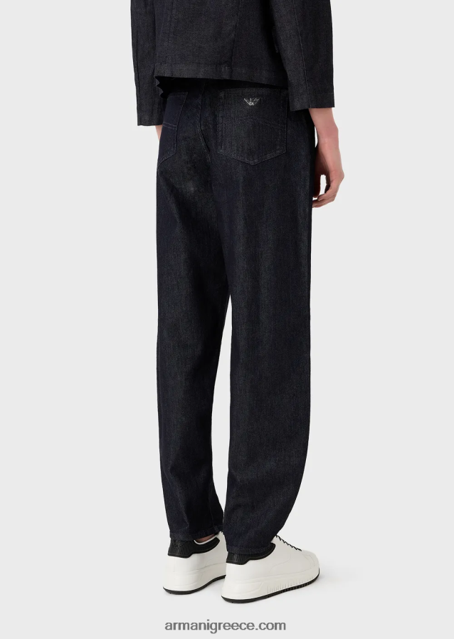 γυναίκες Armani j86 ψηλόμεσο, χαλαρό τζιν με τζιν με ξεπλυμένο μερσερίζ 4046R6400 σκούρο μπλε