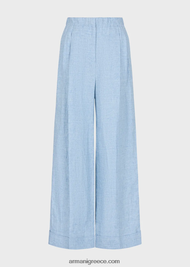 γυναίκες Armani παντελόνι από λινό jaspe με λάστιχο μέση και στροφές 4046R6295 γαλανός