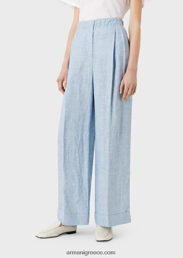 γυναίκες Armani παντελόνι από λινό jaspe με λάστιχο μέση και στροφές 4046R6295 γαλανός