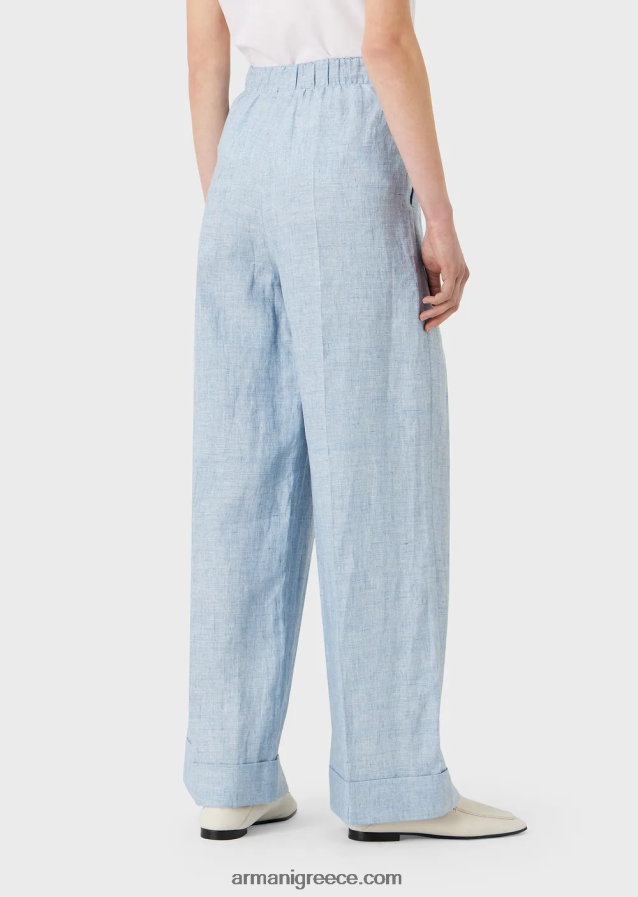 γυναίκες Armani παντελόνι από λινό jaspe με λάστιχο μέση και στροφές 4046R6295 γαλανός