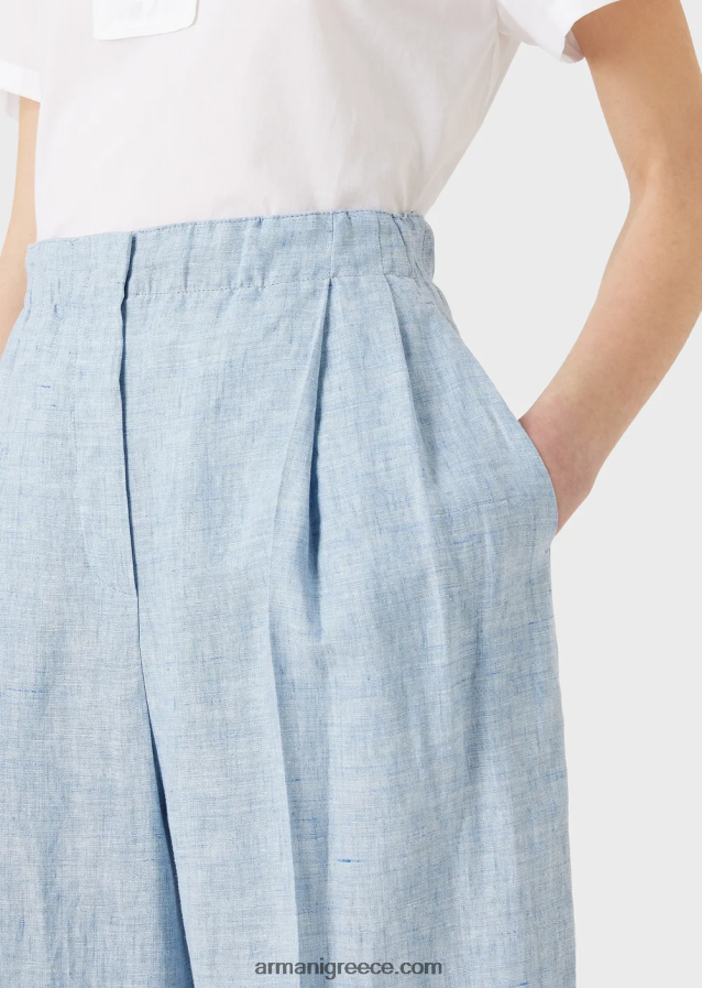 γυναίκες Armani παντελόνι από λινό jaspe με λάστιχο μέση και στροφές 4046R6295 γαλανός