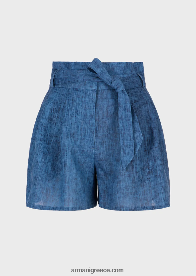 γυναίκες Armani mare capsule συλλογή ξεβαμμένο λινό ζωσμένο σορτς με φιόγκο 4046R6262 μπλε