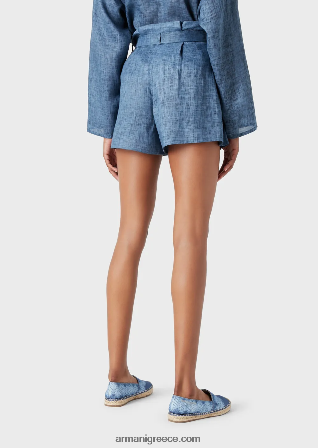 γυναίκες Armani mare capsule συλλογή ξεβαμμένο λινό ζωσμένο σορτς με φιόγκο 4046R6262 μπλε
