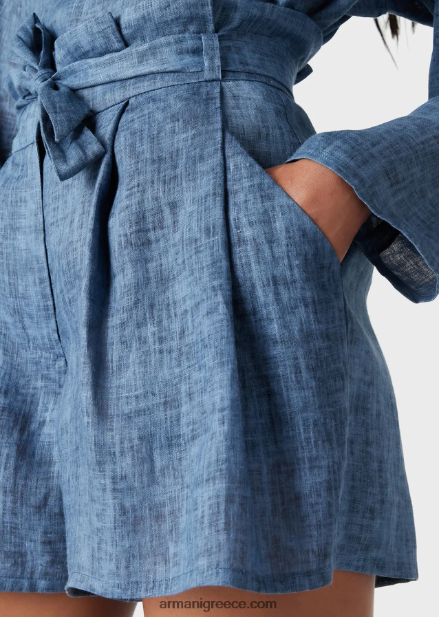 γυναίκες Armani mare capsule συλλογή ξεβαμμένο λινό ζωσμένο σορτς με φιόγκο 4046R6262 μπλε