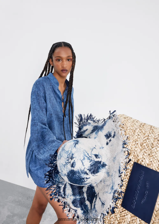 γυναίκες Armani mare capsule συλλογή ξεβαμμένο λινό ζωσμένο σορτς με φιόγκο 4046R6262 μπλε