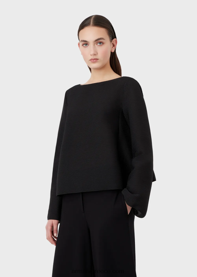γυναίκες Armani Μπλουζάκι με λαιμόκοψη από ύφασμα με ραβδώσεις 4046R6195 μαύρος