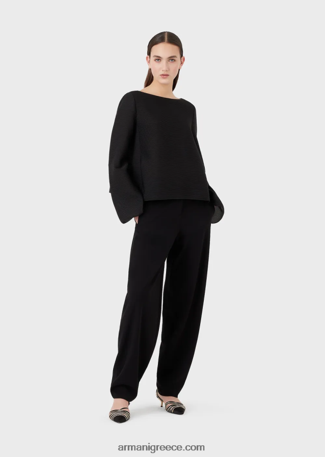 γυναίκες Armani Μπλουζάκι με λαιμόκοψη από ύφασμα με ραβδώσεις 4046R6195 μαύρος