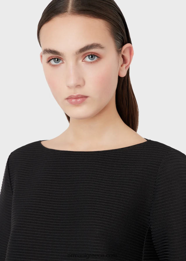 γυναίκες Armani Μπλουζάκι με λαιμόκοψη από ύφασμα με ραβδώσεις 4046R6195 μαύρος