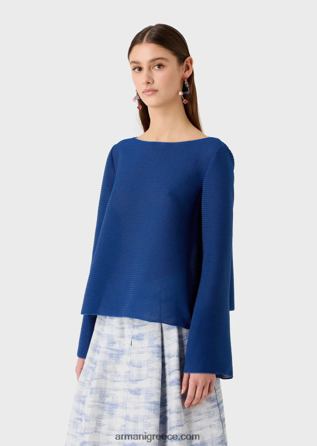 γυναίκες Armani Μπλουζάκι με λαιμόκοψη από ύφασμα με ραβδώσεις 4046R6198 μπλε
