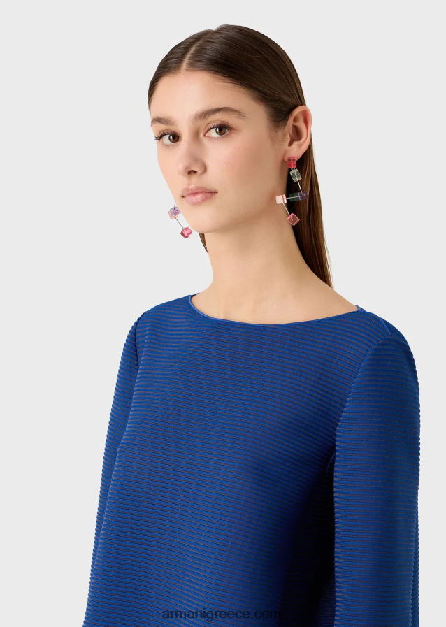 γυναίκες Armani Μπλουζάκι με λαιμόκοψη από ύφασμα με ραβδώσεις 4046R6198 μπλε