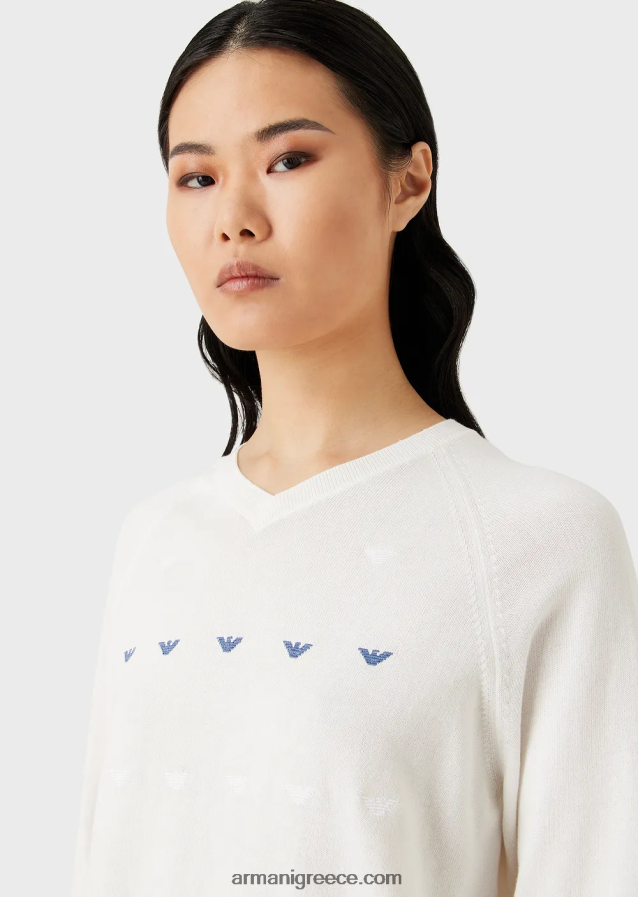 γυναίκες Armani Μπλουζάκι με μονόχρωμη πλέξη σε λαιμόκοψη με κέντημα αετού 4046R6199