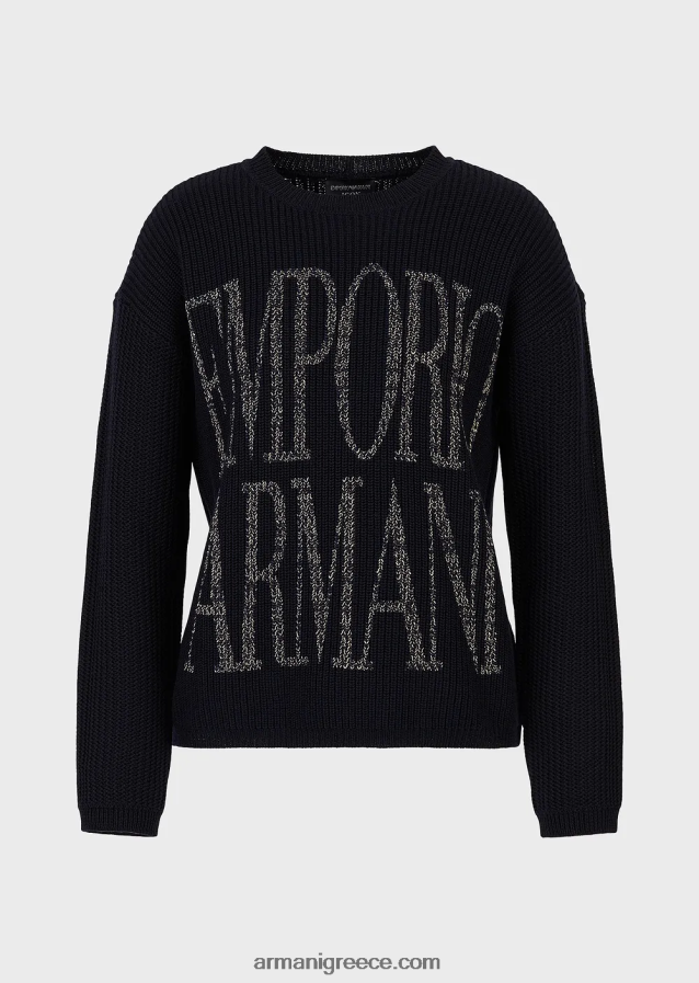 γυναίκες Armani Μπλούζα από μαλλί με βελονιά καλαμποκιού με λογότυπο ζακάρ 4046R6200 ναυτικό μπλε