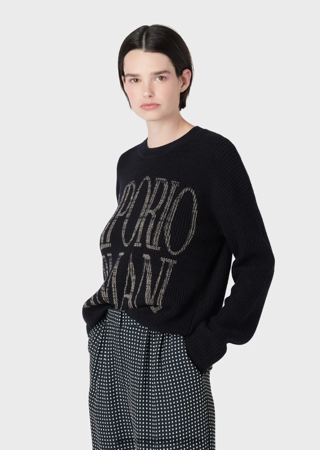 γυναίκες Armani Μπλούζα από μαλλί με βελονιά καλαμποκιού με λογότυπο ζακάρ 4046R6200 ναυτικό μπλε